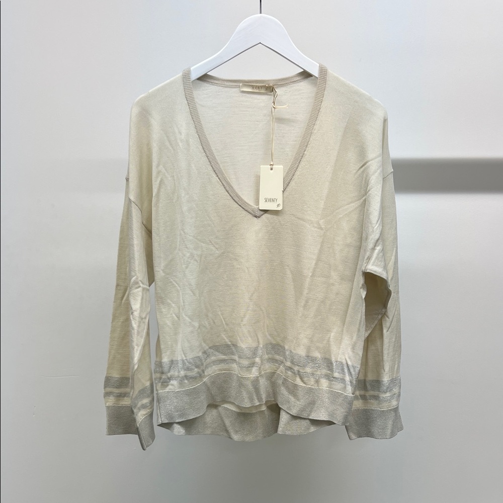 NWT Seventy Cream and Silver V-Neck Sweater